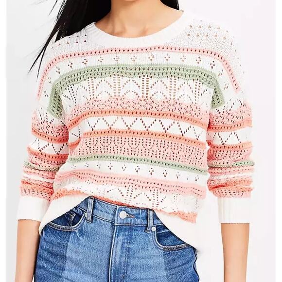 LOFT Pastel Pointelle Knit Oversized Sweater Cotton Blend Cozy Spring Vibe Sz XL - Picture 1 of 9